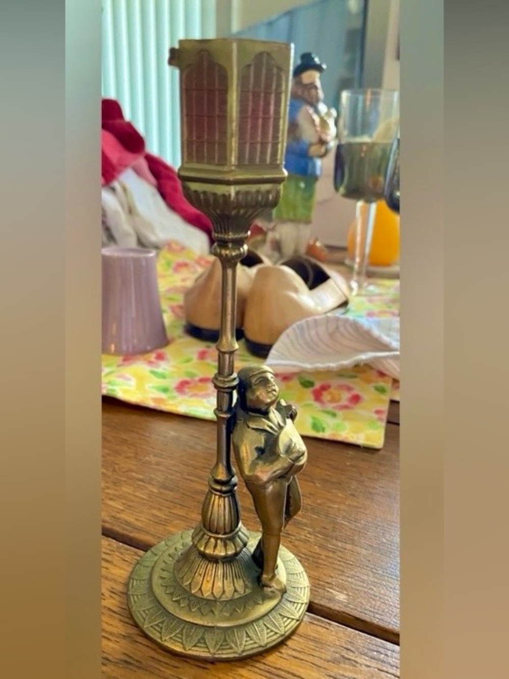 Brass Mid century Japanese Candle Burner. Minstrel W/Mandolin Under Lamp Post EC